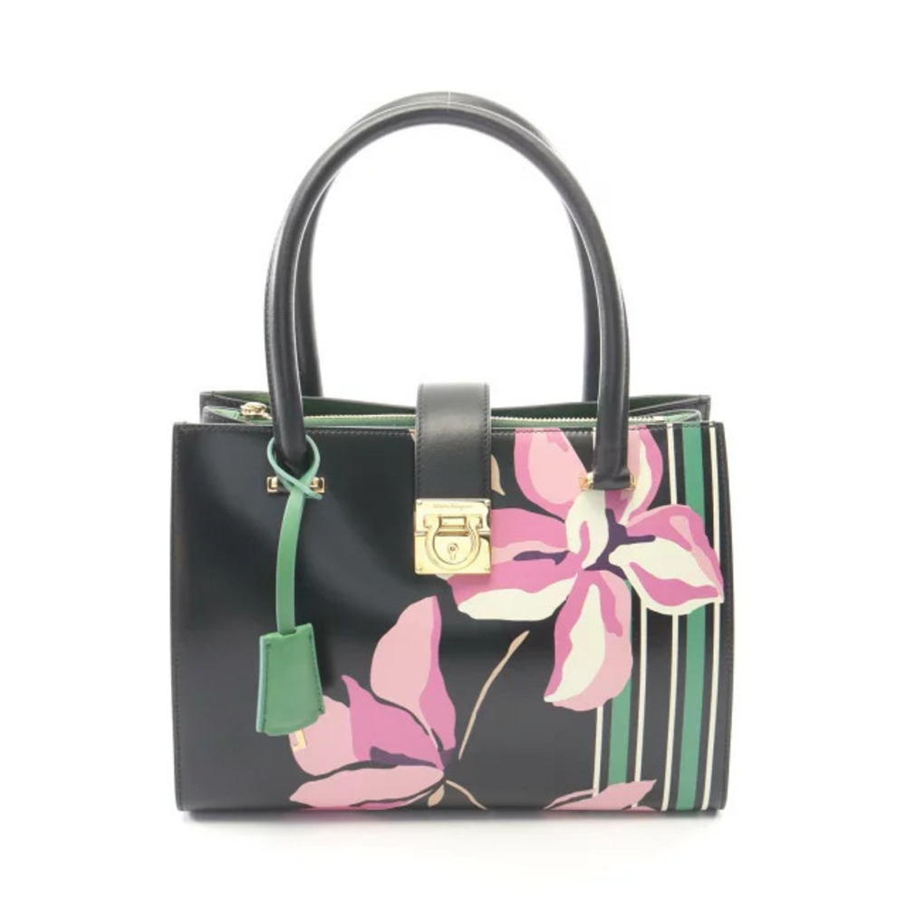 Salvatore Ferragamo Gancini Flower Leather Multicolor Shoulder Bag Black
